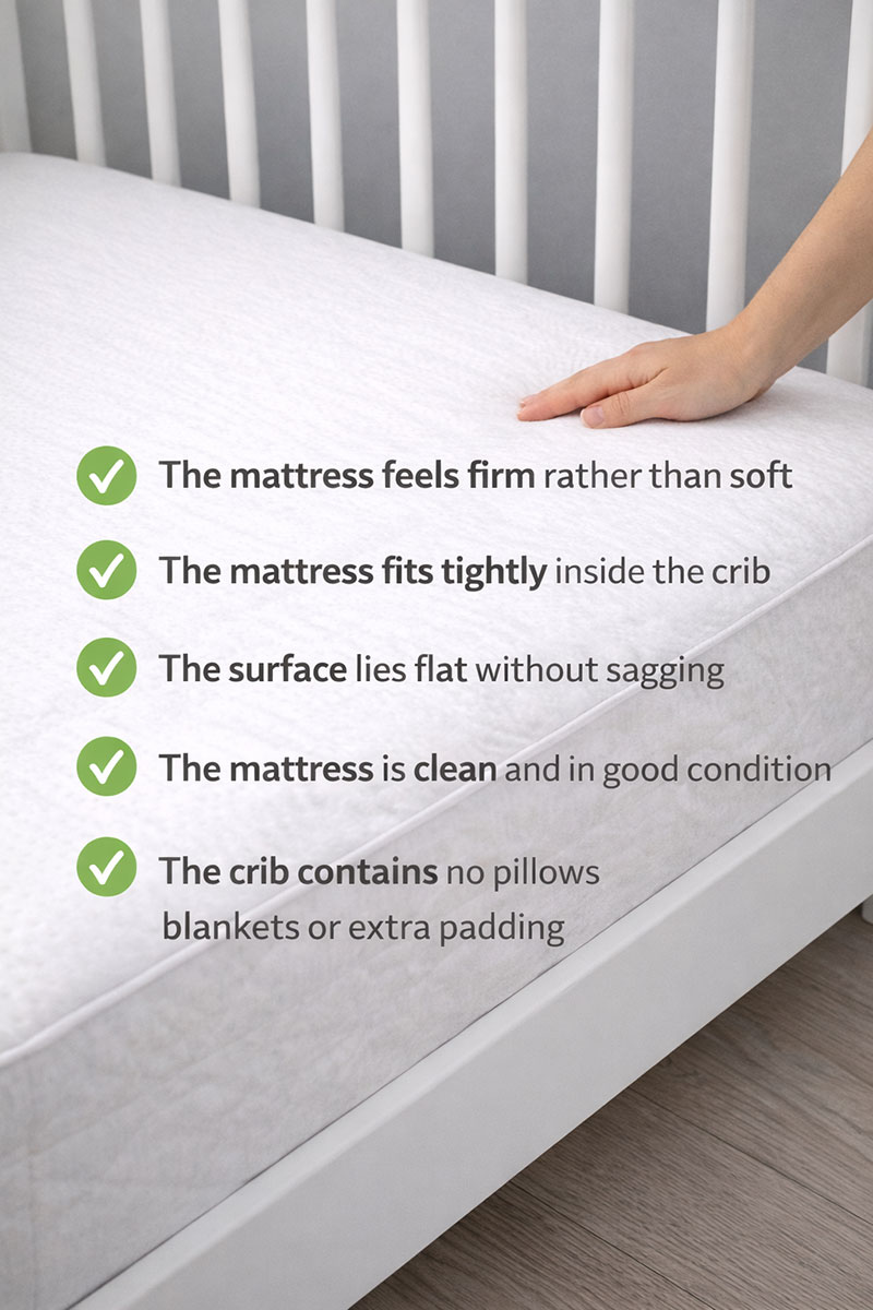 Safe crib setup showing firm mattress fitted sheet and empty crib sleep space