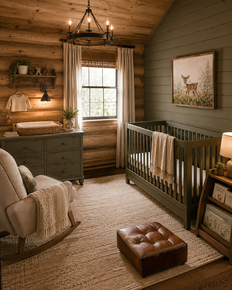 safe deer nursery layout with crib positioned away from window and wall decorations