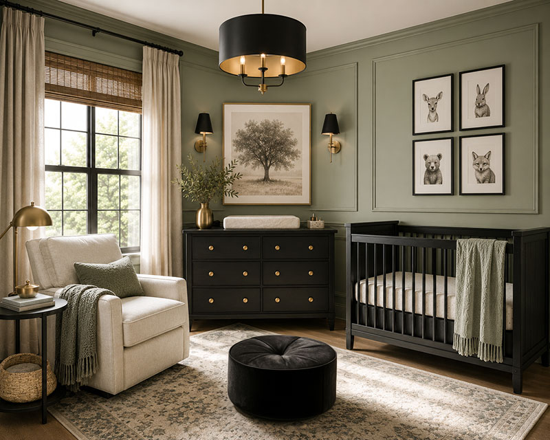 sage green nursery with black accent decor