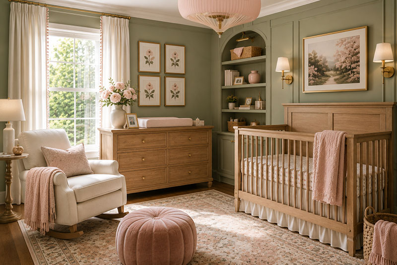 sage green nursery with blush pink accents and floral details