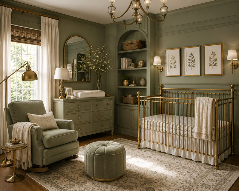 sage green nursery with brass lighting and hardware