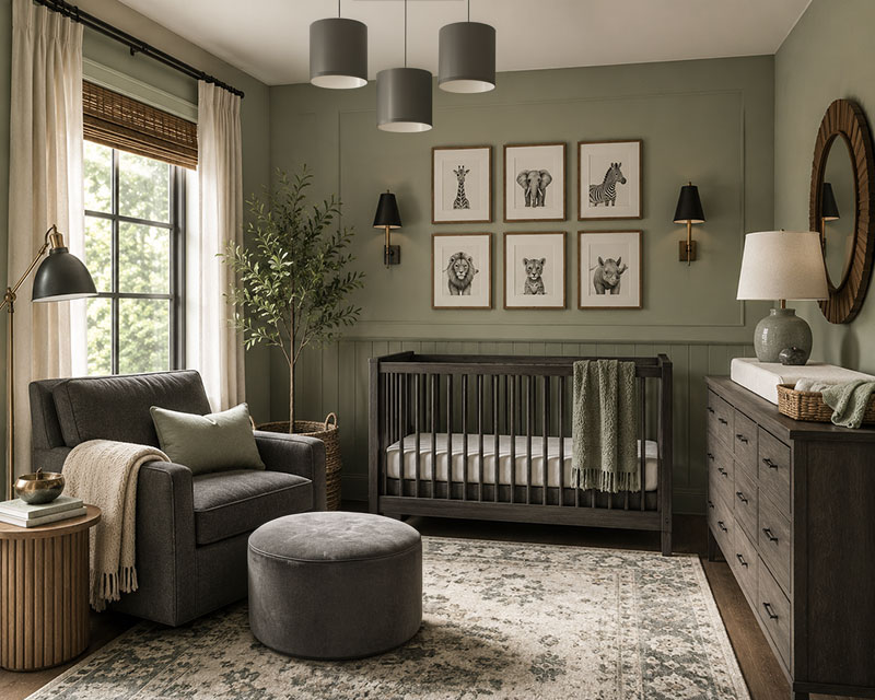 sage green nursery with charcoal furniture and accents