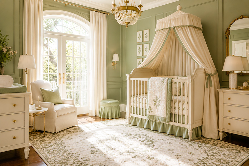 Sage green and cream nursery with warm white furniture, layered textiles and elegant nursery styling