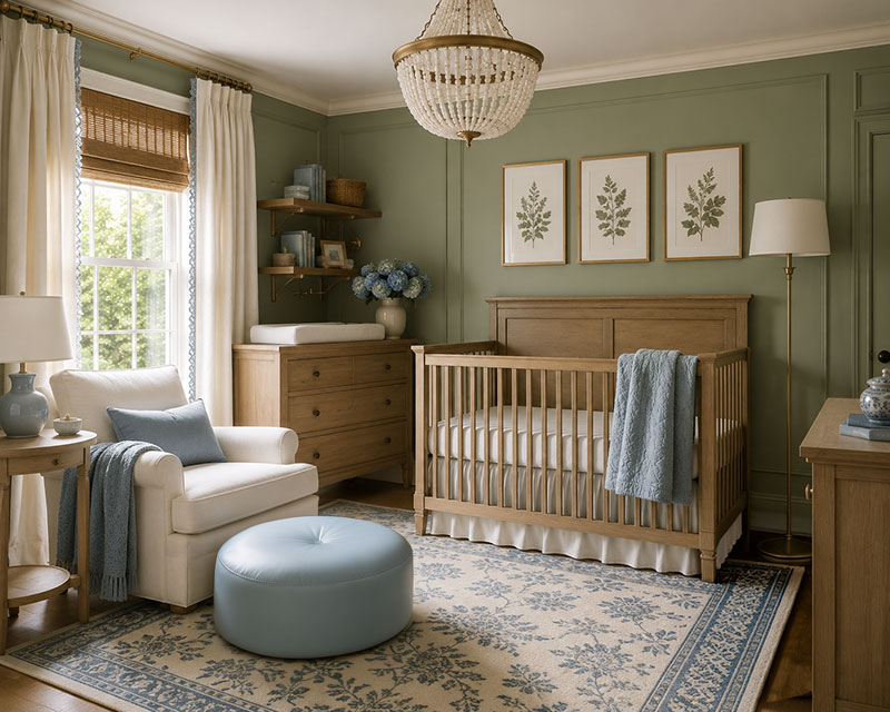 sage green nursery with dusty blue rug and bedding accents
