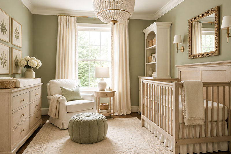 sage green nursery with ivory bedding and curtains