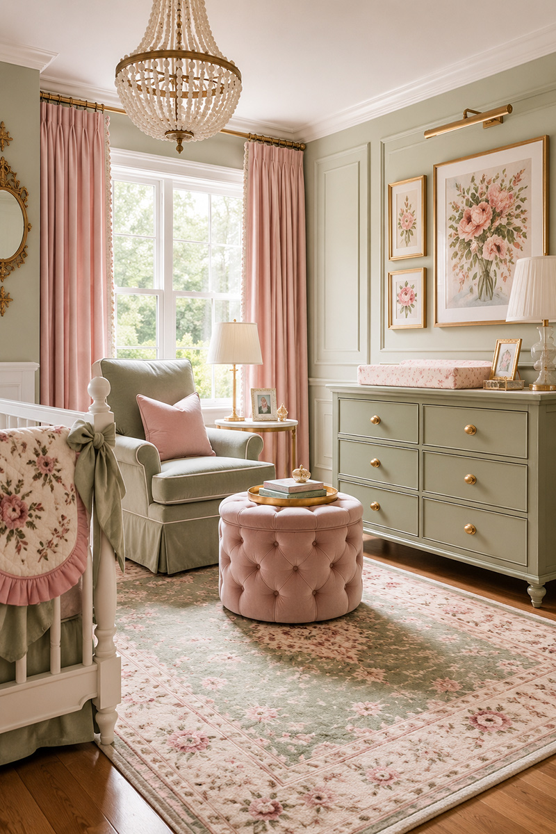 Sage green and pink nursery with white crib, blush accents and feminine nursery decor