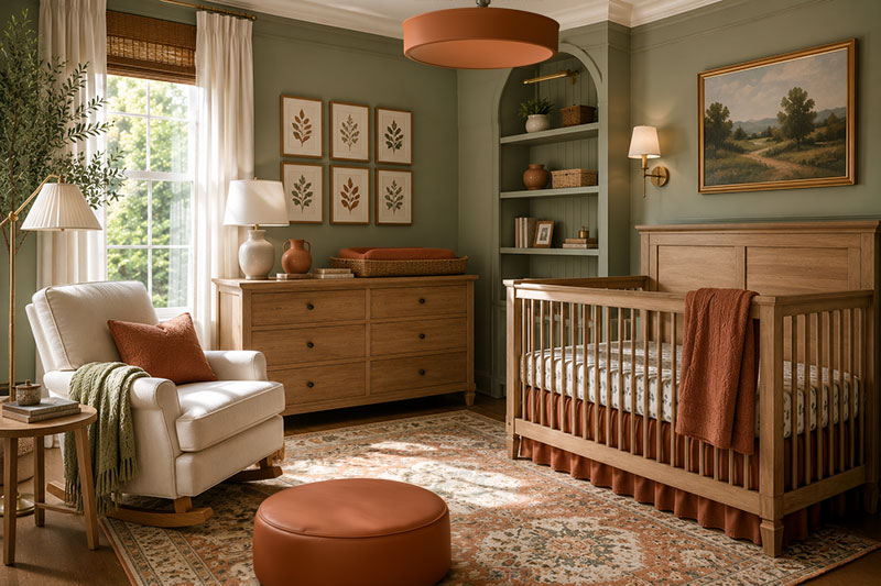 sage green nursery with terracotta decor accents