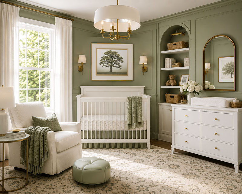 Sage green and white nursery with white crib, green walls and polished nursery styling