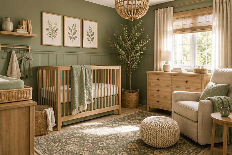 Sage green and wood nursery with natural oak crib and coordinated nursery furnishings