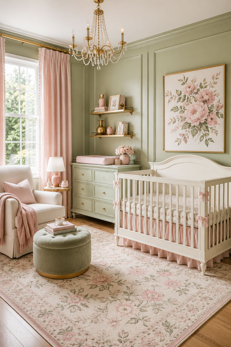 Pink and green nursery with sage walls blush accents upholstered crib and framed botanical artwork