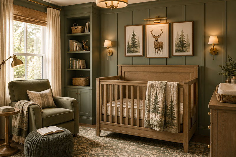 sage green board and batten woodland nursery accent wall