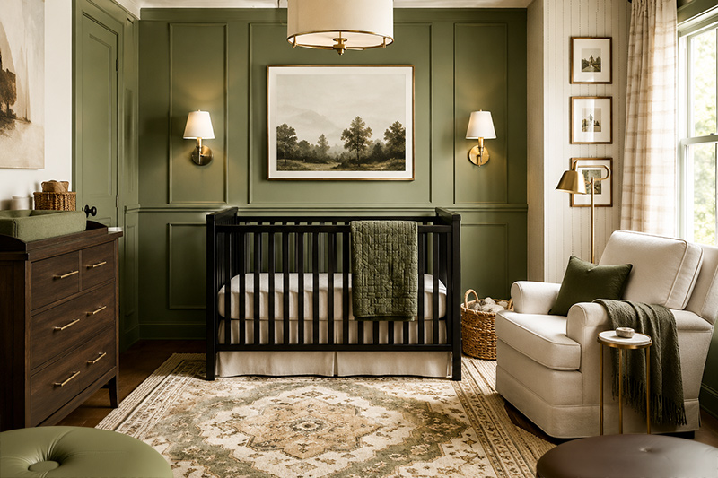 Sage green boy nursery with natural wood crib, board and batten wall, and soft neutral decor