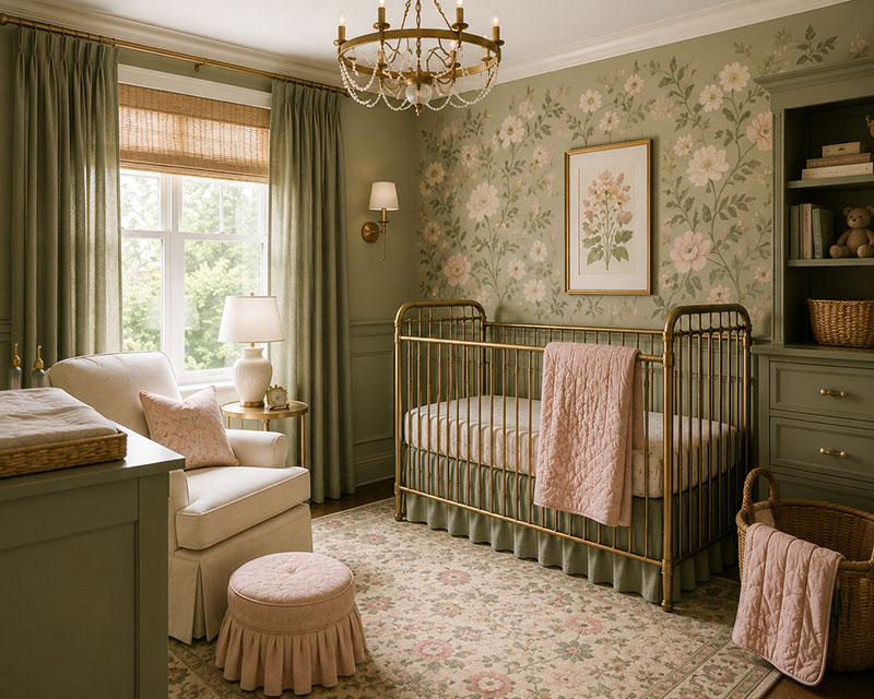 Sage green floral nursery with white crib, refined floral wallpaper and feminine nursery styling