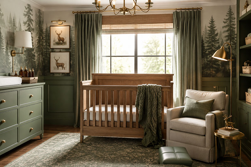sage green forest nursery with woodland deer wall art and natural wood baby room furniture