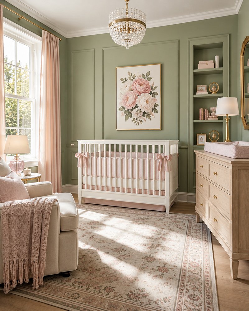 Sage green girl nursery with blush accents, light wood furniture and ivory decor
