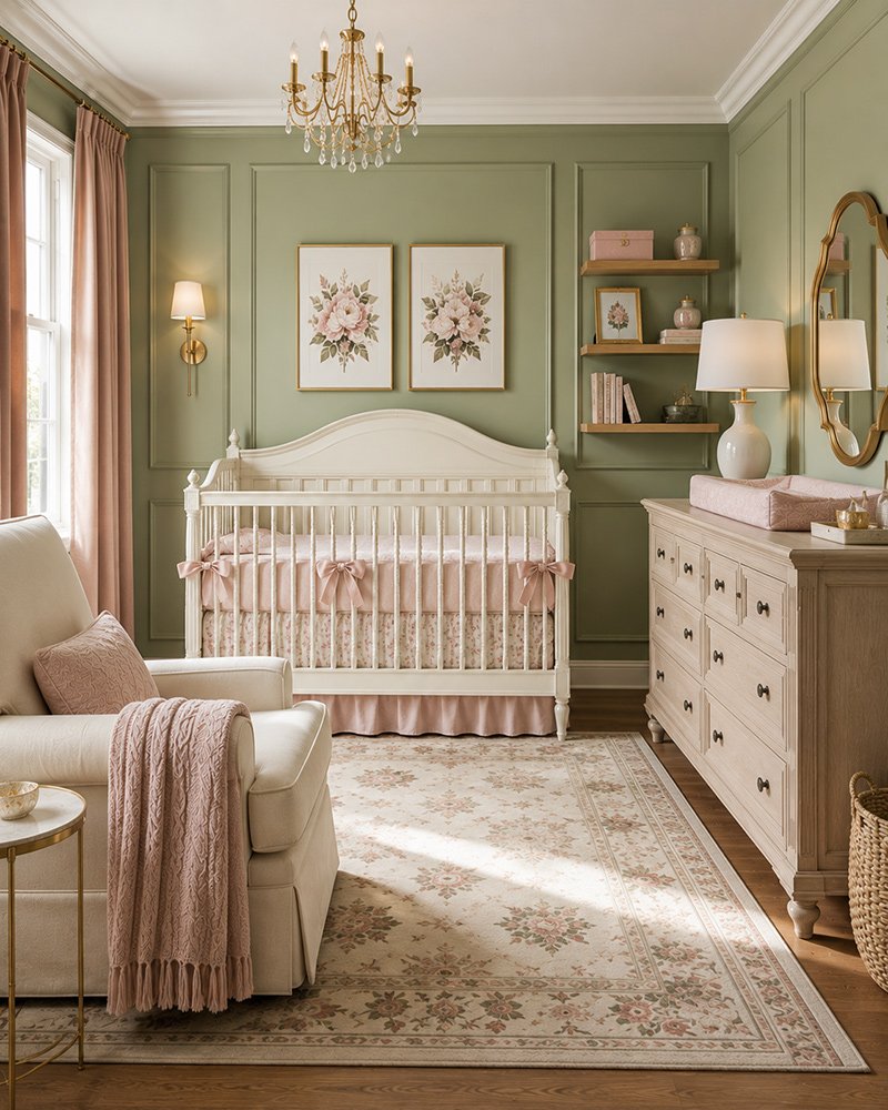 Sage green nursery girl furniture with white crib and light wood dresser