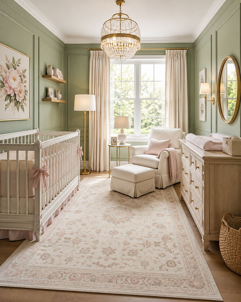Sage green baby girl nursery layout with crib wall, dresser and comfortable chair