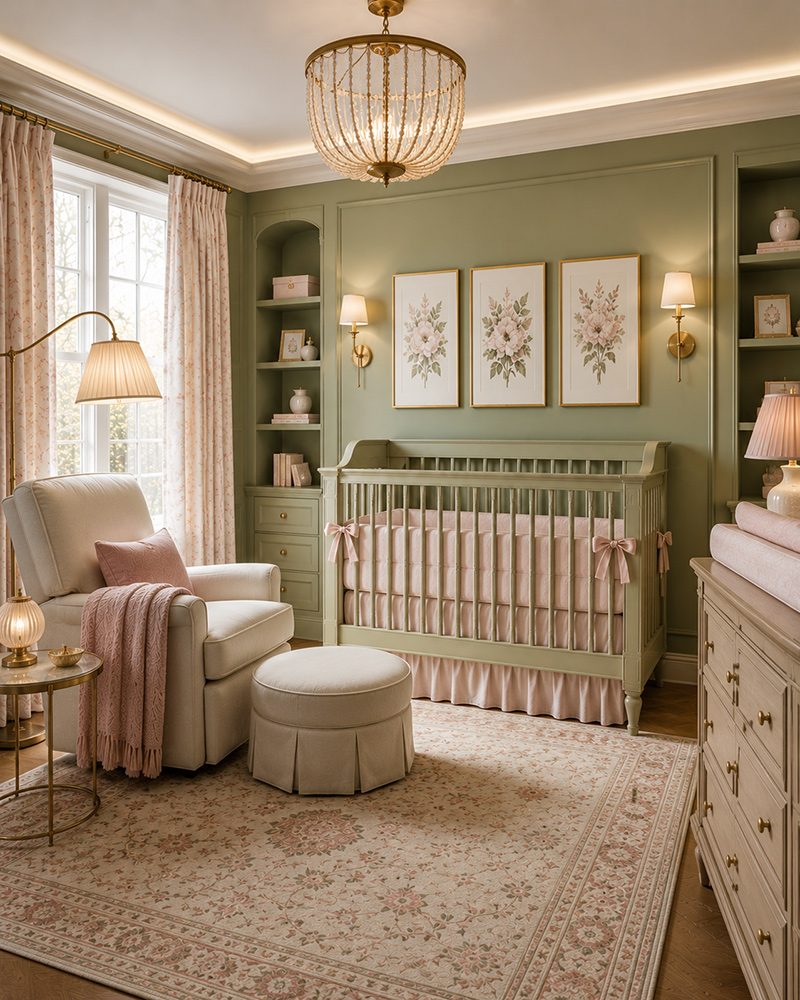 Sage green girl nursery showing how lighting changes wall color during the day