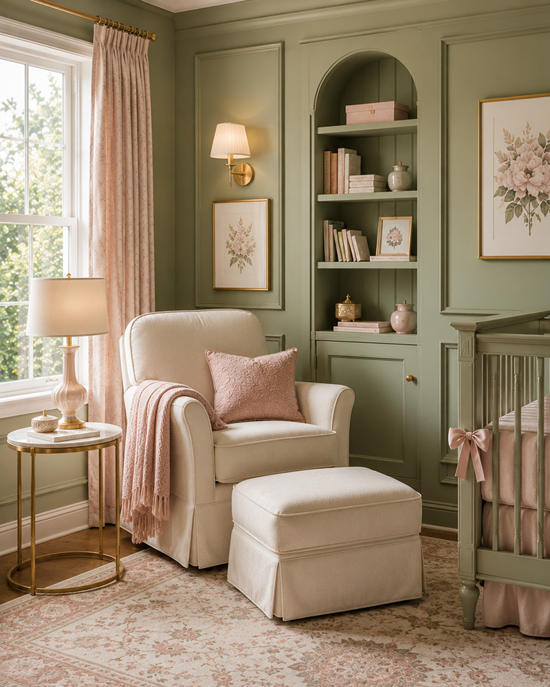Sage green girl nursery reading corner with chair, wall art and no stuffed toys