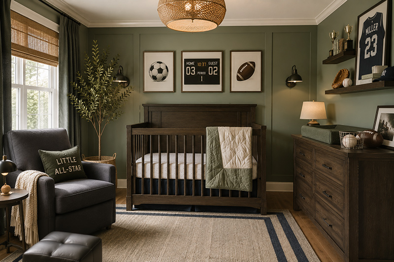 Sage green sports nursery for a boy with dark wood crib, athletic wall art and tailored baby room styling