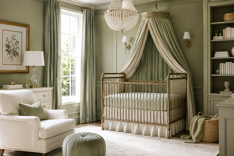 Sage green nursery color combinations with coordinated crib, bedding, curtains, rug and wall decor