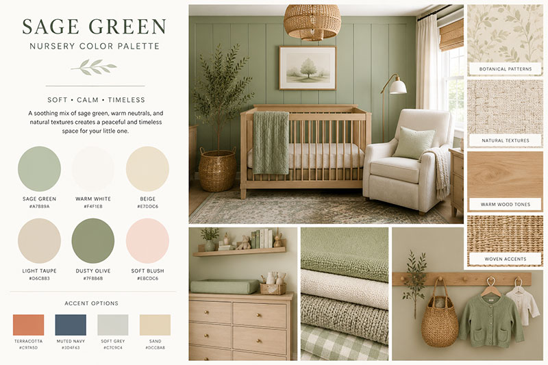 Sage green nursery color palette featuring wood, cream, white and blush accents