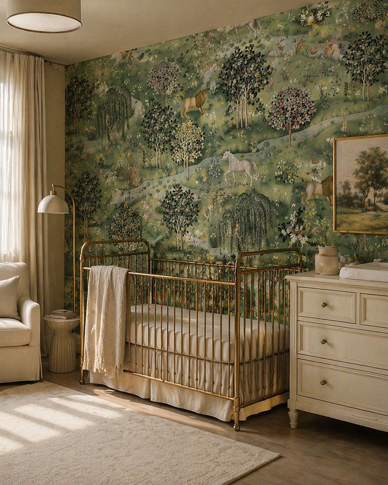 Sage green nursery crib wall with enchanted forest wallpaper and antique ivory cream painted dresser