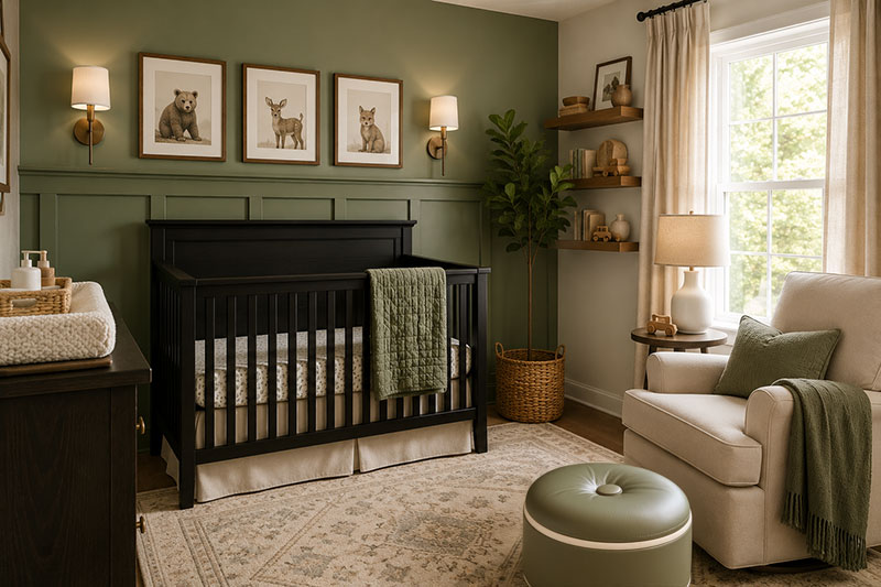 Sage green boy nursery with dark crib, paneled wall, neutral rug and uncluttered baby room layout