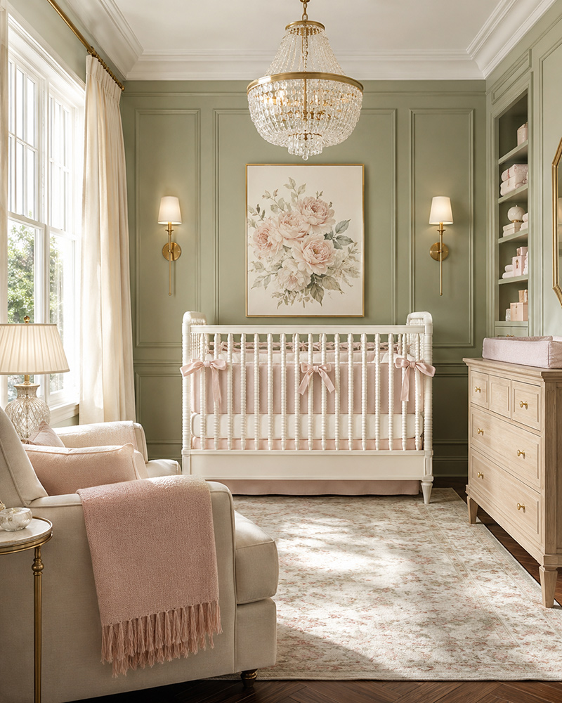 Sage green nursery girl ideas with blush pink accents, floral wallpaper, white crib and elegant baby girl room decor