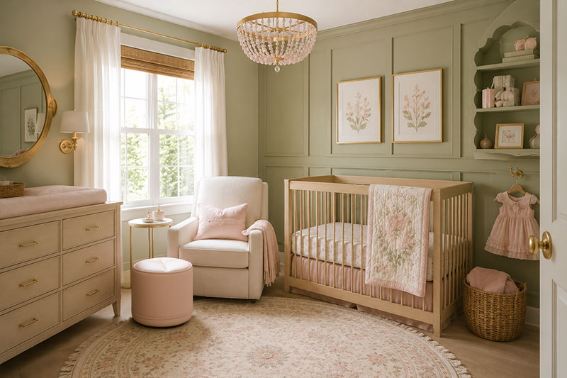 Sage green nursery girl room with blush accents and elegant nursery furniture