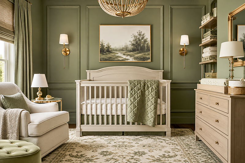 Sage green nursery ideas with stylish baby room furniture and decor