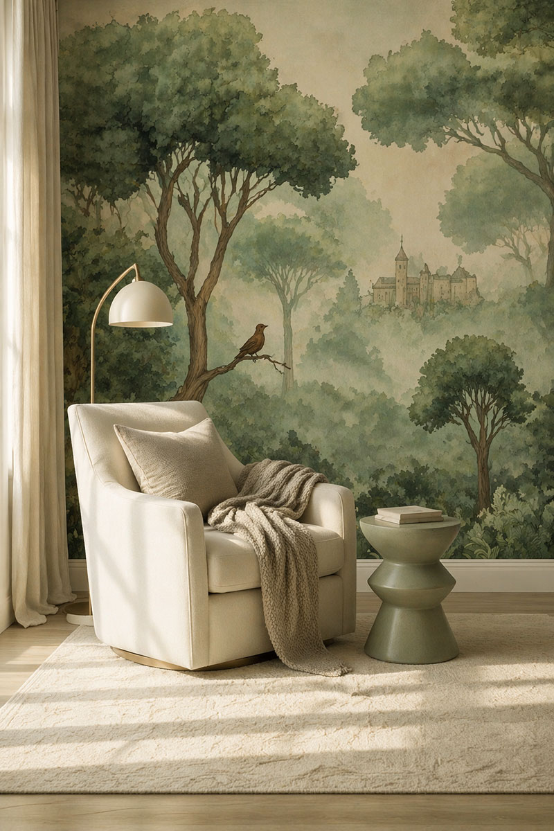 Sage green nursery reading corner with wallpaper and coordinated chair and lighting