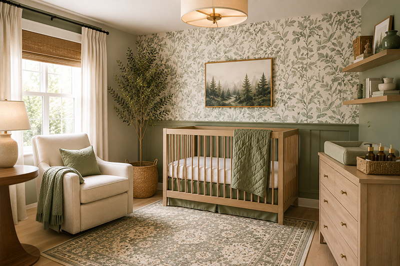 Sage green nursery wallpaper behind crib with coordinated nursery furniture and wall decor