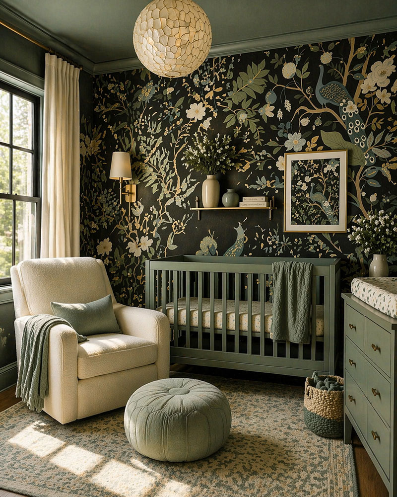 Sage green nursery with moody botanical wallpaper and a sophisticated designer look