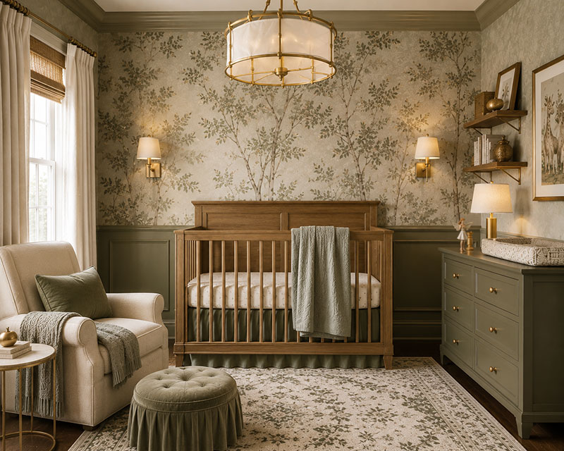 Sage green nursery wallpaper in a modern baby room