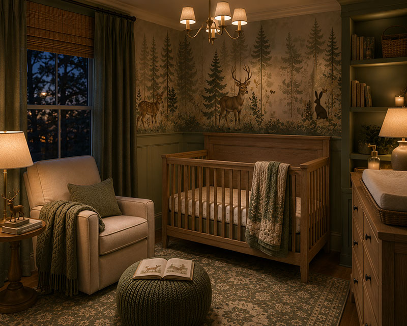 sage green woodland nursery showing changing natural light throughout the day