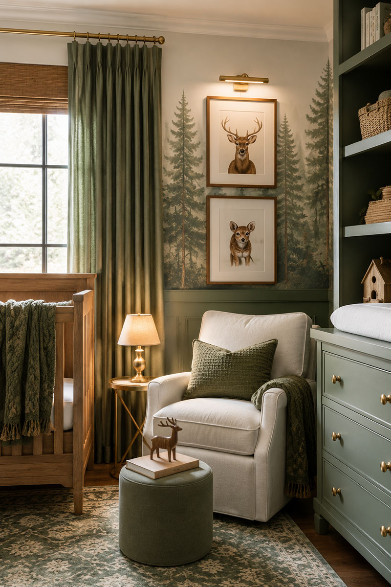 sage green woodland nursery reading corner with deer artwork and wood furniture