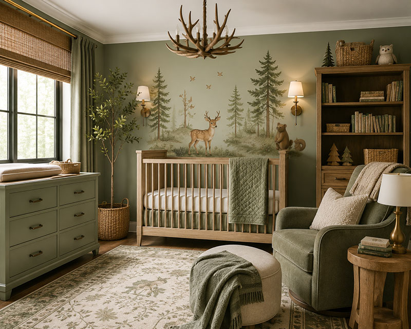 Sage green woodland nursery with forest wall decor, natural wood crib and designer nursery styling