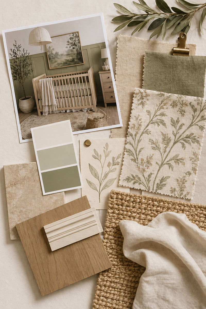 Soft sage green and neutral nursery color palette with layered tones and textures