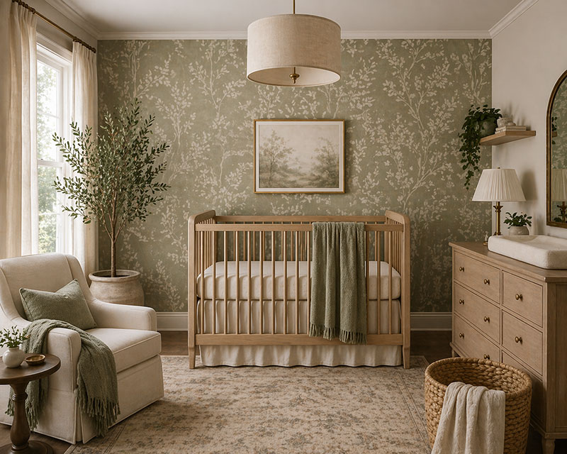 Elegant nursery with sage green wallpaper focal wall and refined decor styling