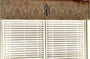 Homemade baby boy nursery window valance in paisley fabric monogrammed with initials