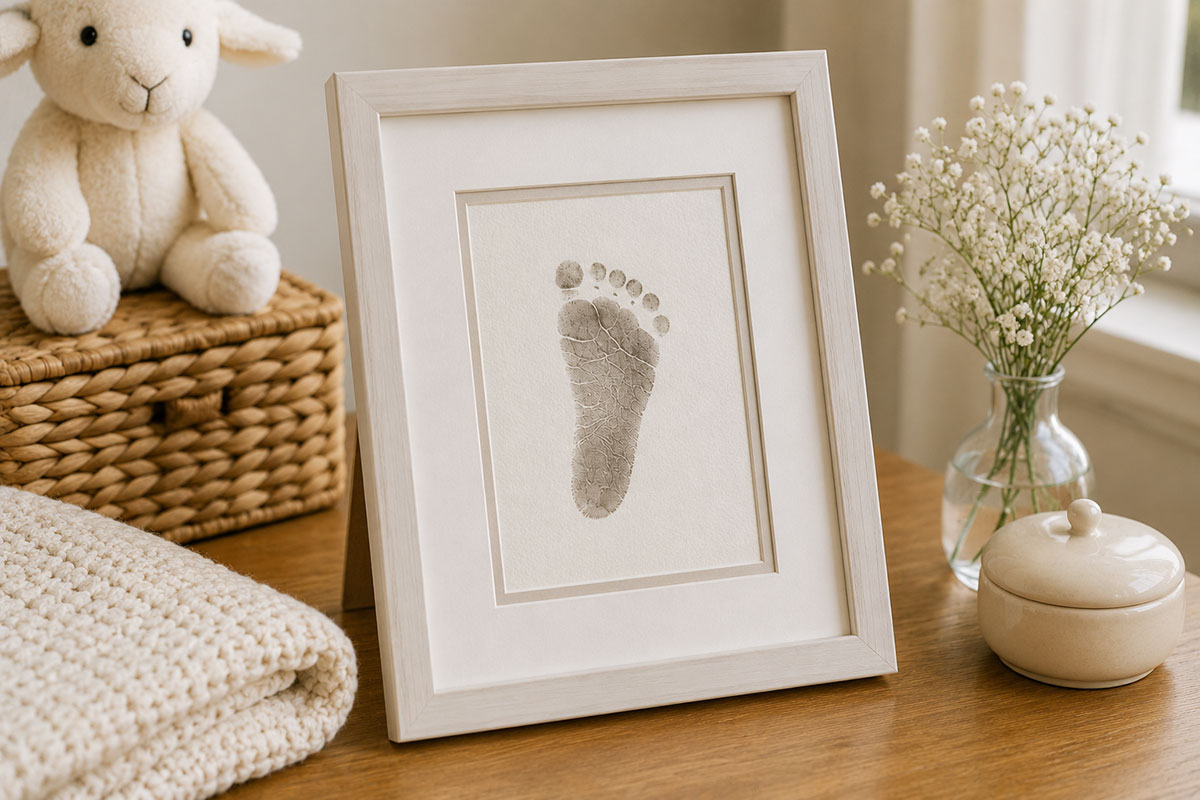 Preserved baby footprint displayed in a frame with keepsake storage nearby