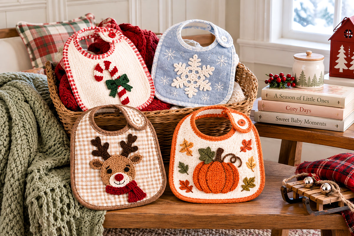 Finished seasonal baby bibs decorated with candy cane, snowflake, reindeer and pumpkin motifs