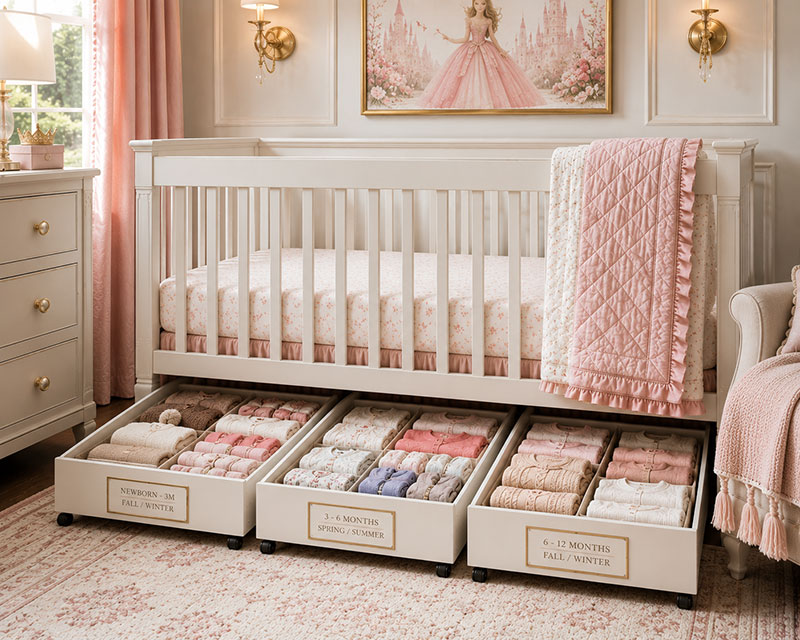 Seasonal baby clothes organized beneath a crib