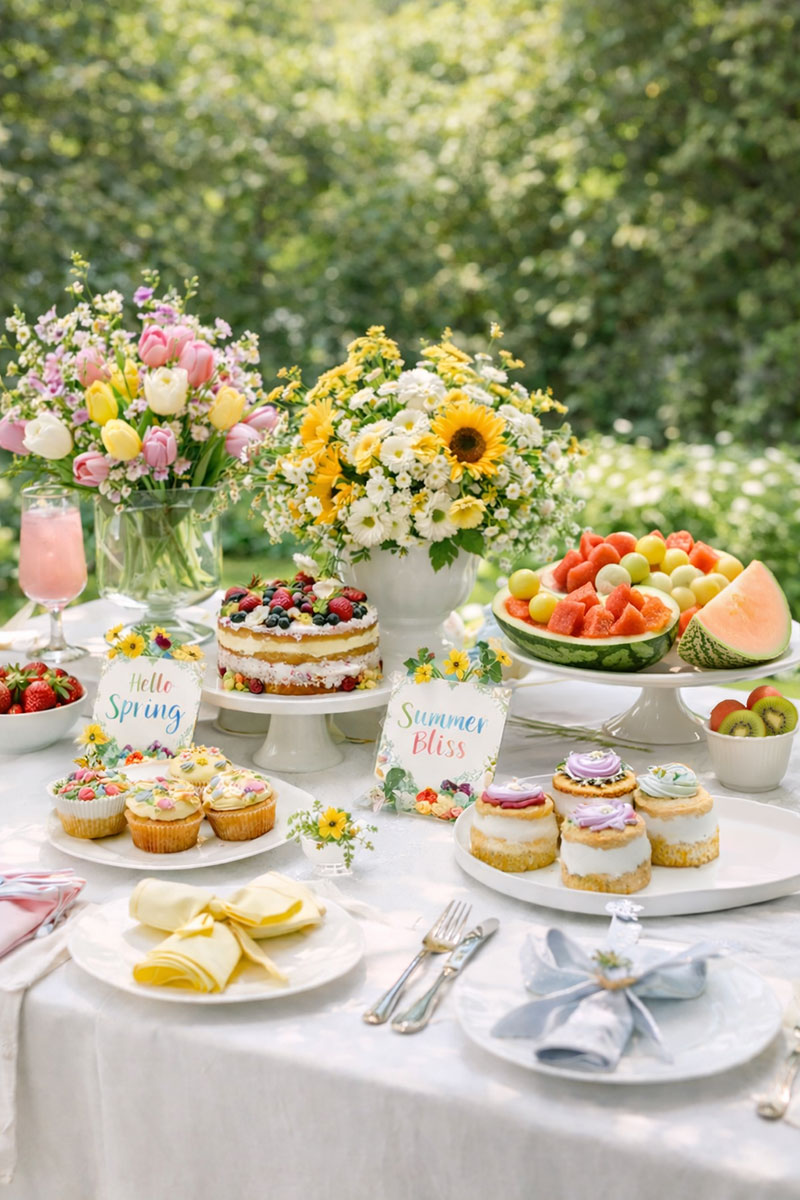 Seasonal baby shower themes outdoor table with spring and summer decorations fresh flowers soft pastel styling and elegant setup