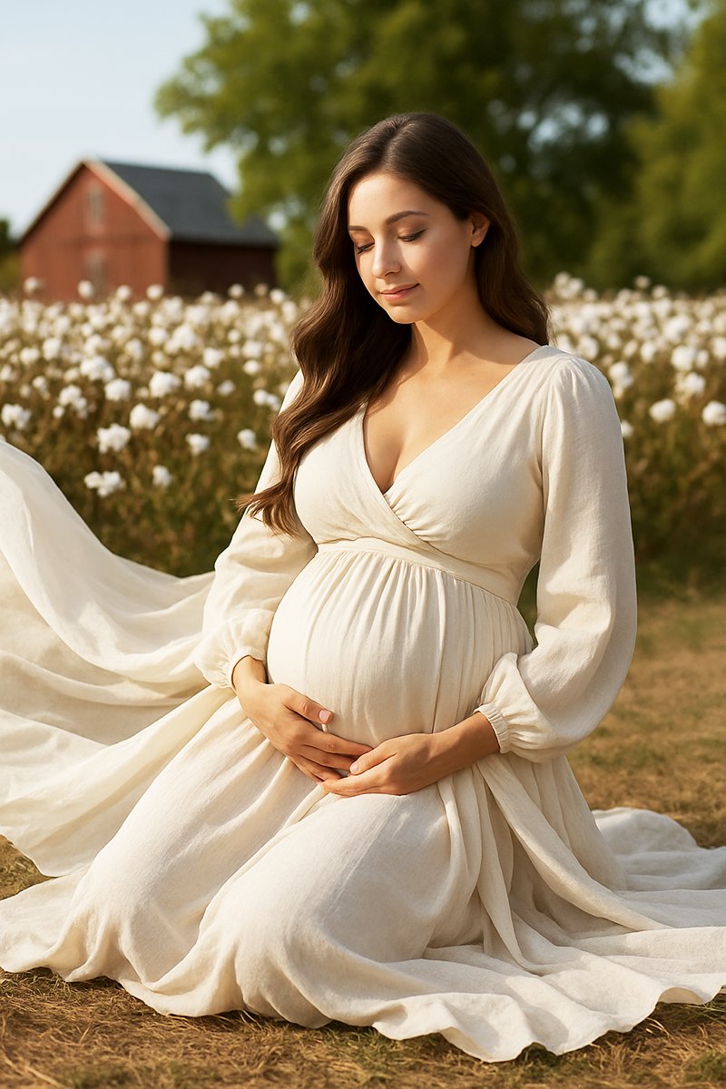 Serene pregnant woman seated in a cotton field wearing a flowing cream maternity gown, her hands gently resting on her baby bump as soft daylight illuminates the scene and a rustic red barn stands in the distance.