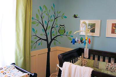 Green and baby blue owl theme boy nursery design