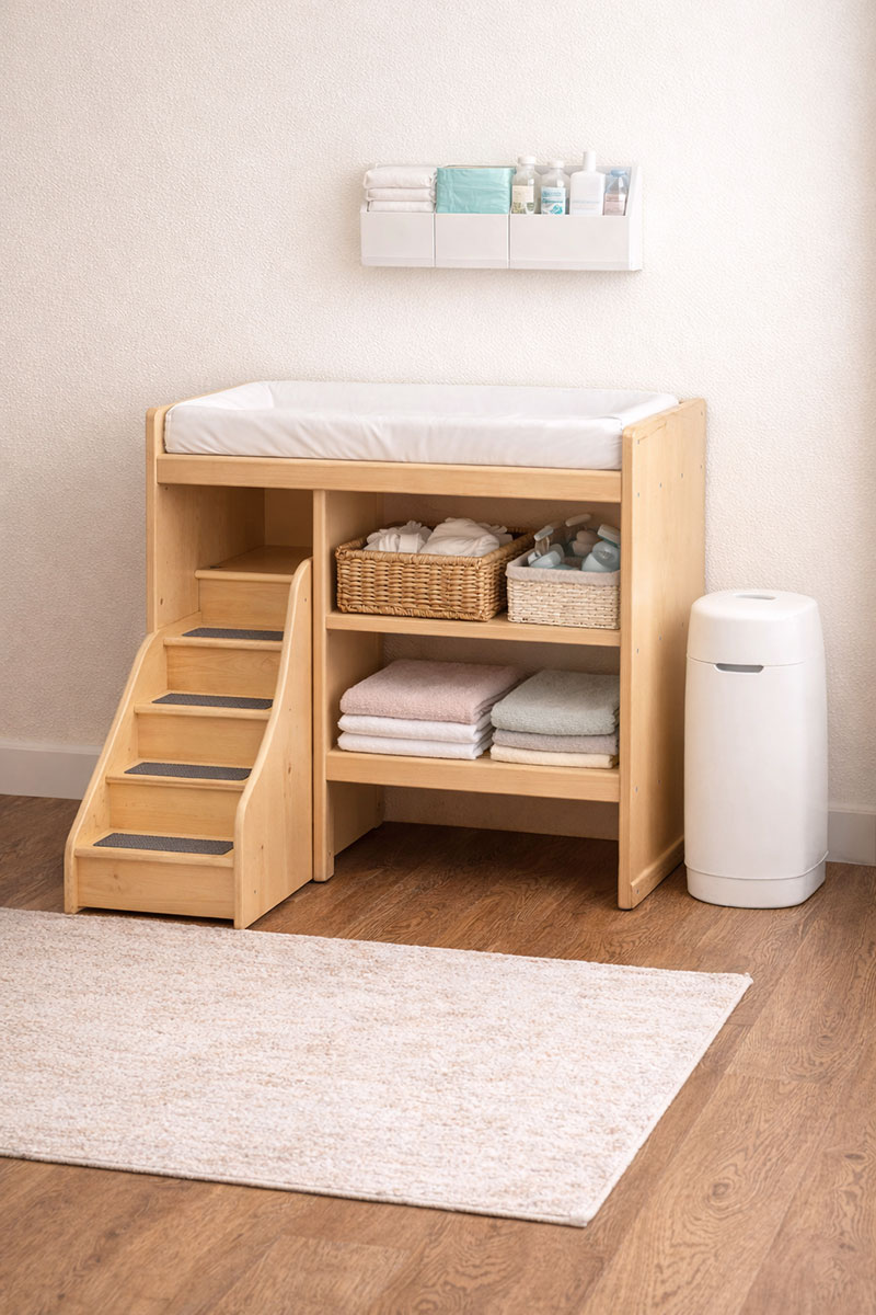 Standalone wooden changing table with shelves underneath