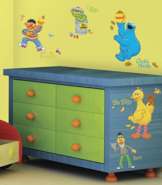 Sesame Street wall mural created using Big Bird Ernie Burt Cookie Monster wall stickers and decals