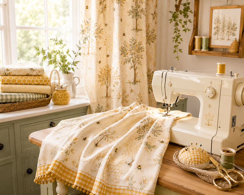 Sewing honeybee nursery curtain panels for a Classic Pooh inspired nursery